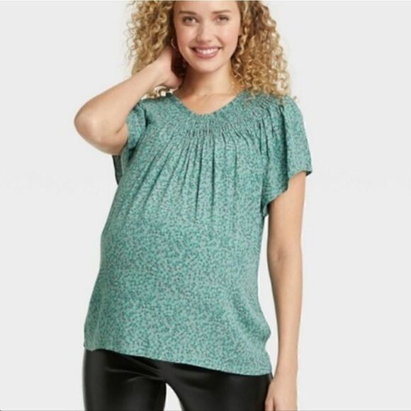 The Nines by Hatch Small Smocked Floral Flutter Sleeve top blue - Picture 1 of 8